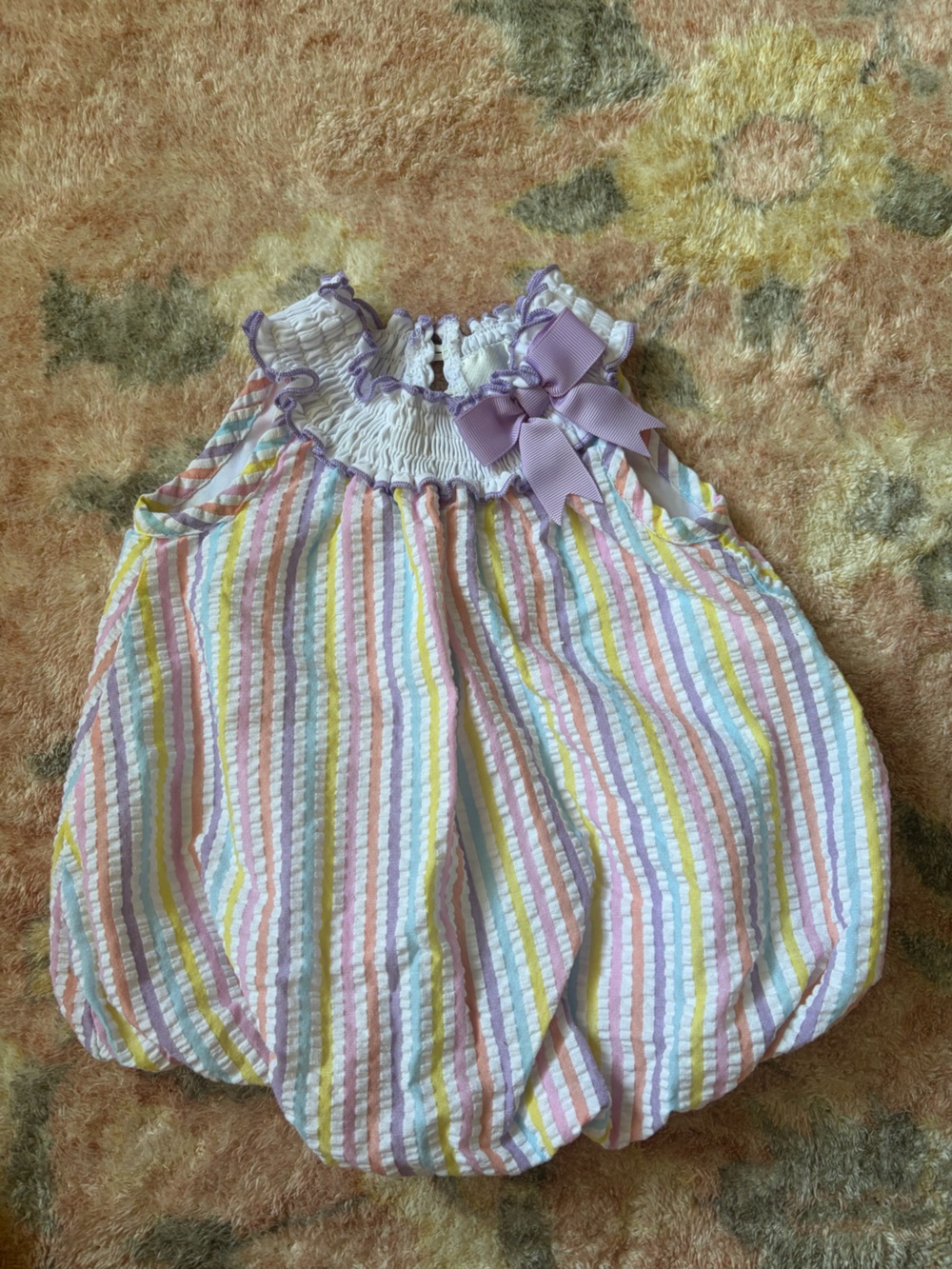 Girls' Pastel Striped Smocked Bubble Romper with Lavender Bow
